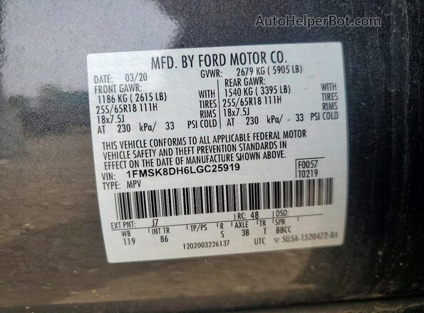 1FMSK8DH6LGC25919 2020 FORD EXPLORER Gray Vista de la etiqueta del VIN