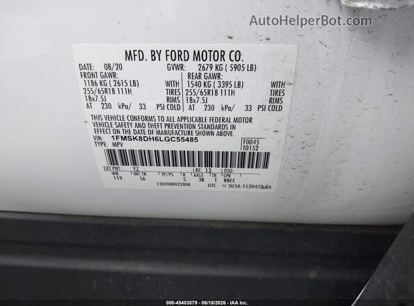 1FMSK8DH6LGC55485 2020 FORD EXPLORER White ძრავის განყოფილების ხედი