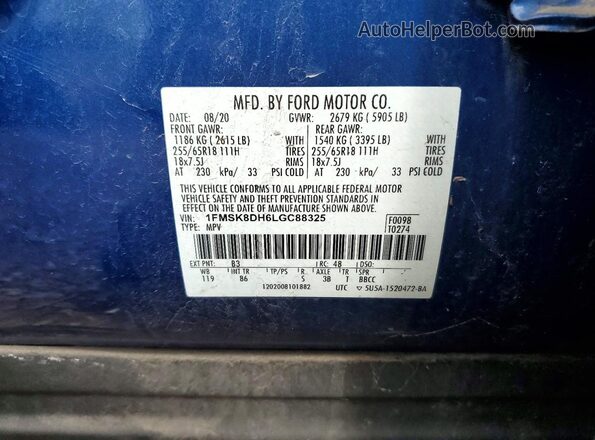 1FMSK8DH6LGC88325 2020 FORD EXPLORER Blue VIN sticker view