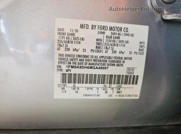 1FMSK8DH6MGA49097 2021 FORD EXPLORER Silver 