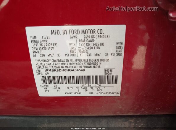 1FMSK8DH6NGA04548 2022 FORD EXPLORER Red Вид підкапотного простору