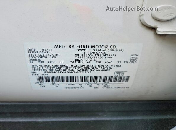 1FMSK8DH6NGA72333 2022 FORD EXPLORER White Вид наклейки з VIN-кодом