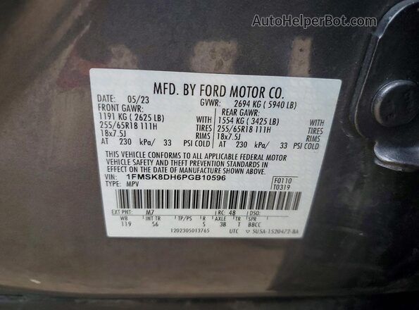 1FMSK8DH6PGB10596 2023 FORD EXPLORER Серебряный Вид наклейки с VIN-кодом
