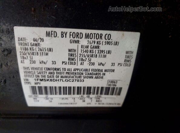 1FMSK8DH7LGC27033 2020 FORD EXPLORER Gray 360 interior view