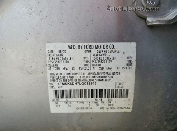 1FMSK8DH7LGC88916 2020 FORD EXPLORER Серебряный Вид наклейки с VIN-кодом