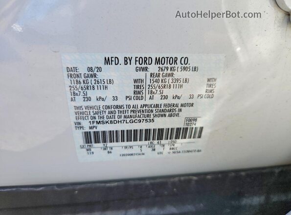 1FMSK8DH7LGC97535 2020 FORD EXPLORER White 