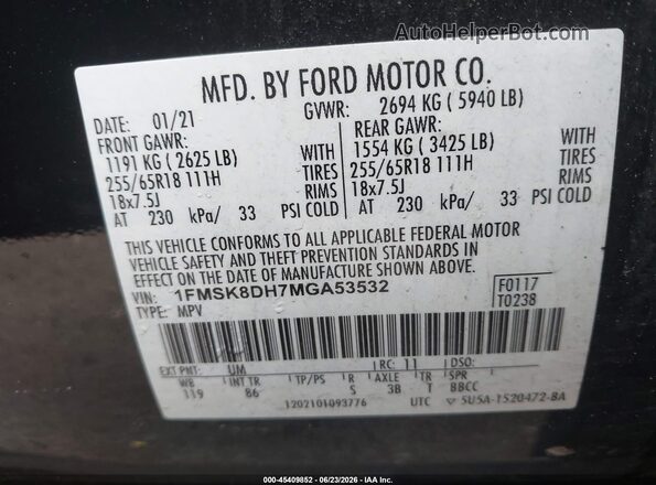 1FMSK8DH7MGA53532 2021 FORD EXPLORER Black Շարժիչի բաժամունքի տեսք