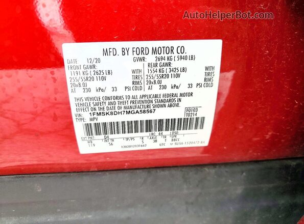1FMSK8DH7MGA58567 2021 FORD EXPLORER Red VIN կոդի պիտակի տեսք