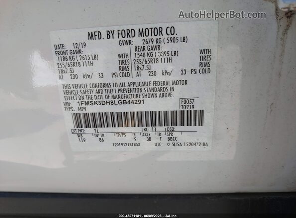 1FMSK8DH8LGB44291 2020 FORD EXPLORER Белый 