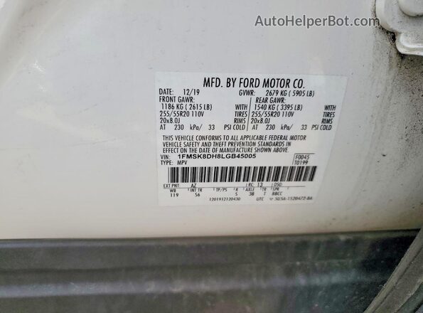 1FMSK8DH8LGB45005 2020 FORD EXPLORER White Vista de la etiqueta del VIN