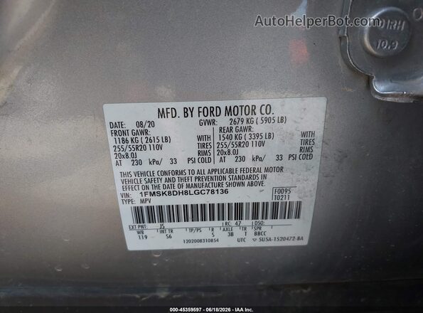 1FMSK8DH8LGC78136 2020 FORD EXPLORER Silver Շարժիչի բաժամունքի տեսք