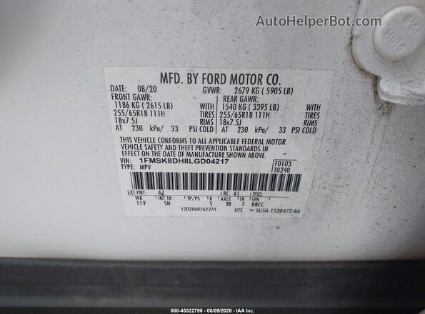 1FMSK8DH8LGD04217 2020 FORD EXPLORER White Շարժիչի բաժամունքի տեսք