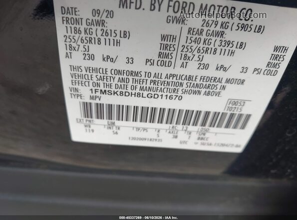 1FMSK8DH8LGD11670 2020 FORD EXPLORER Black Вид підкапотного простору