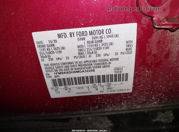 1FMSK8DH8MGA32298 2021 FORD EXPLORER Red ძრავის განყოფილების ხედი