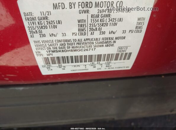 1FMSK8DH8MGC26717 2021 FORD EXPLORER Красный Вид подкапотного пространства