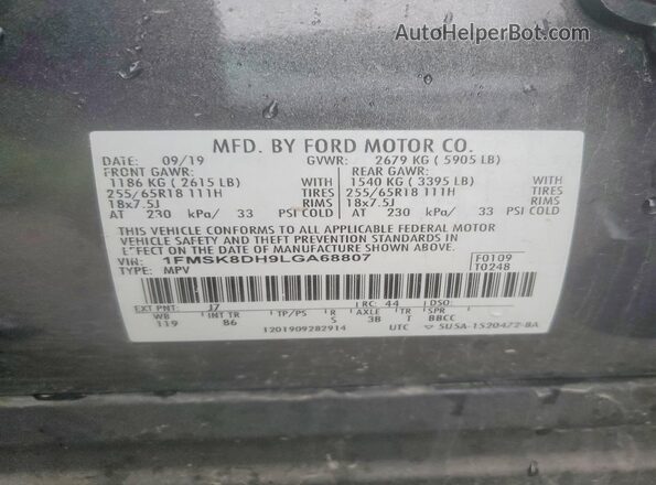 1FMSK8DH9LGA68807 2020 FORD EXPLORER Gray VIN კოდის სტიკერის ხედი