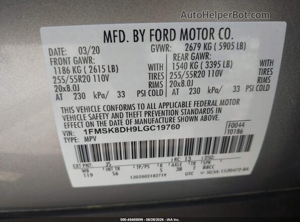 1FMSK8DH9LGC19760 2020 FORD EXPLORER Silver Widok komory silnika