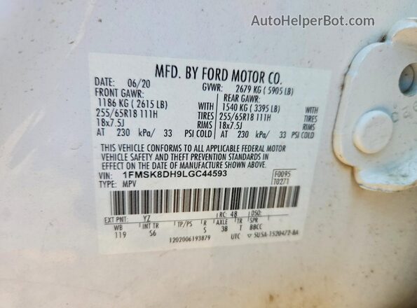 1FMSK8DH9LGC44593 2020 FORD EXPLORER White Widok komory silnika