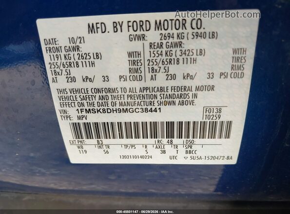 1FMSK8DH9MGC38441 2021 FORD EXPLORER Blue Vista del compartimento del motor