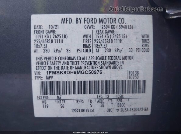 1FMSK8DH9MGC50976 2021 FORD EXPLORER Gray Engine compartment view