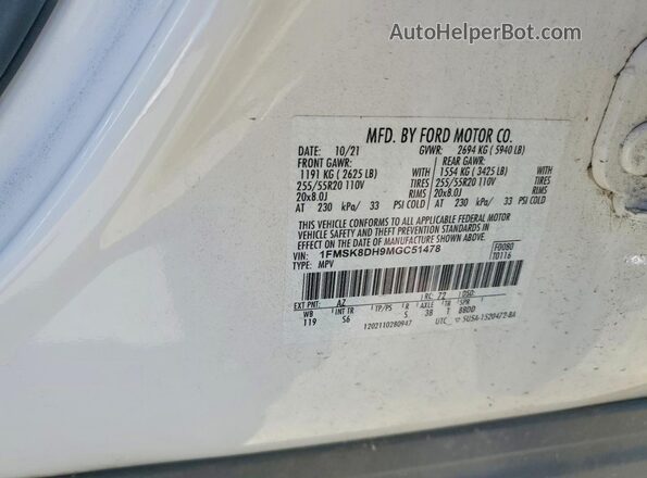 1FMSK8DH9MGC51478 2021 FORD EXPLORER White Widok naklejki z numerem VIN