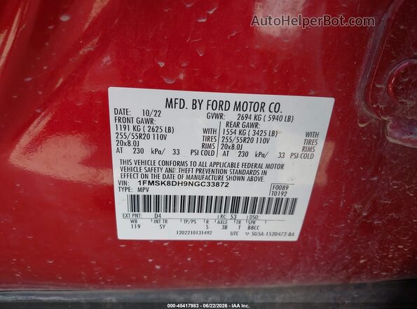 1FMSK8DH9NGC33872 2022 FORD EXPLORER Maroon Widok komory silnika