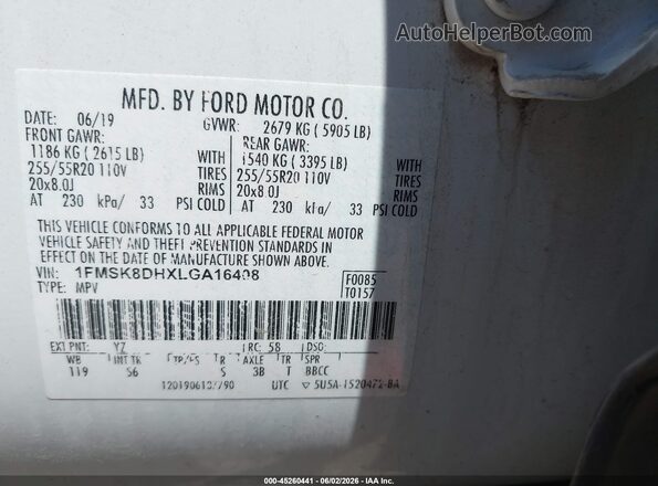 1FMSK8DHXLGA16408 2020 FORD EXPLORER White Շարժիչի բաժամունքի տեսք