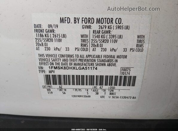 1FMSK8DHXLGA51174 2020 FORD EXPLORER White Widok komory silnika