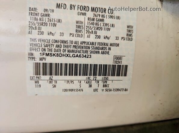 1FMSK8DHXLGA63423 2020 FORD EXPLORER White 