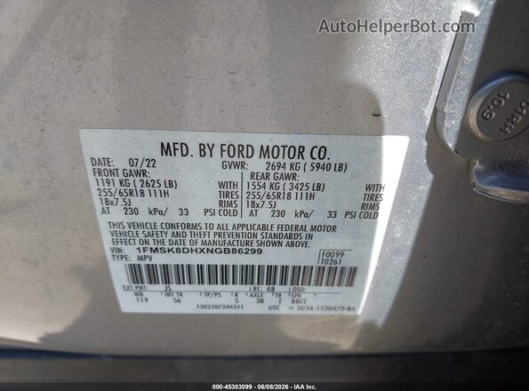 1FMSK8DHXNGB86299 2022 FORD EXPLORER Gray 