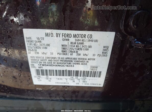 1FMSK8DHXNGC16353 2022 FORD EXPLORER Purple ძრავის განყოფილების ხედი