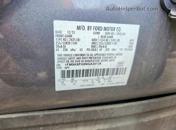 1FMSK8FH0NGA30138 2022 FORD EXPLORER Gray 360 interior view