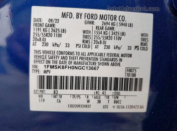 1FMSK8FH0NGC13667 2022 FORD EXPLORER Blue Սալոնի 360 աստիճան տեսք