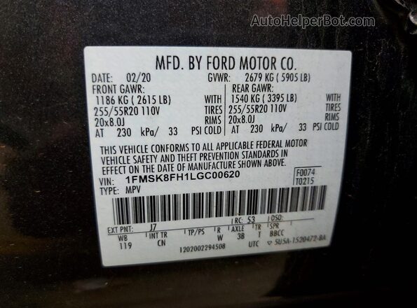 1FMSK8FH1LGC00620 2020 FORD EXPLORER Charcoal Вид наклейки з VIN-кодом