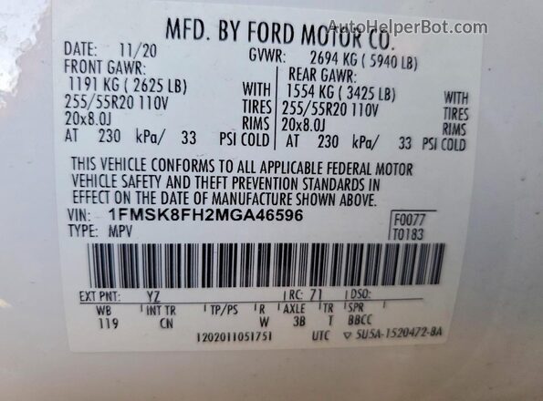 1FMSK8FH2MGA46596 2021 FORD EXPLORER White 