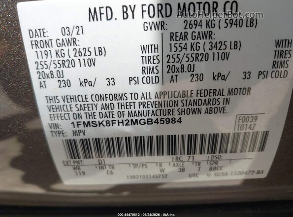 1FMSK8FH2MGB45984 2021 FORD EXPLORER Gray ძრავის განყოფილების ხედი