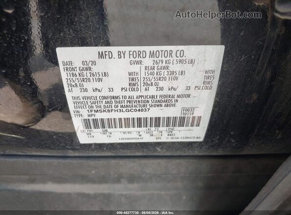 1FMSK8FH3LGC04037 2020 FORD EXPLORER Black Widok komory silnika