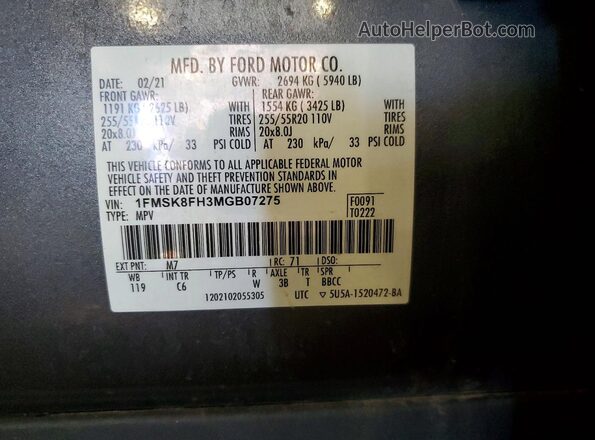 1FMSK8FH3MGB07275 2021 FORD EXPLORER Gray VIN կոդի պիտակի տեսք