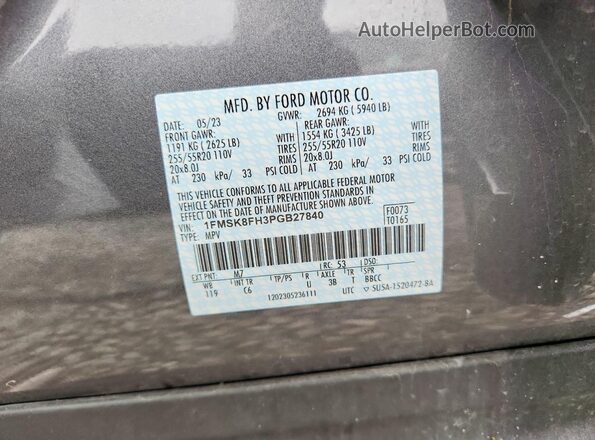 1FMSK8FH3PGB27840 2023 FORD EXPLORER Gray Widok wnętrza 360 stopni