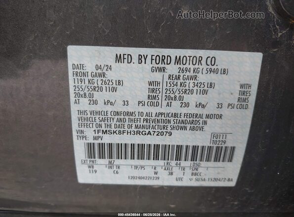1FMSK8FH3RGA72079 2024 FORD EXPLORER Gray Widok komory silnika