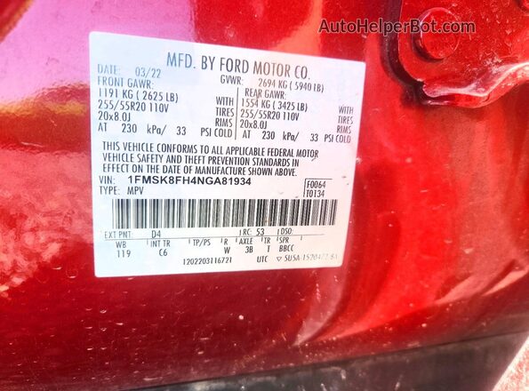 1FMSK8FH4NGA81934 2022 FORD EXPLORER Maroon Engine compartment view