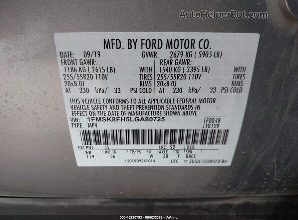 1FMSK8FH5LGA80725 2020 FORD EXPLORER Silver Вид підкапотного простору