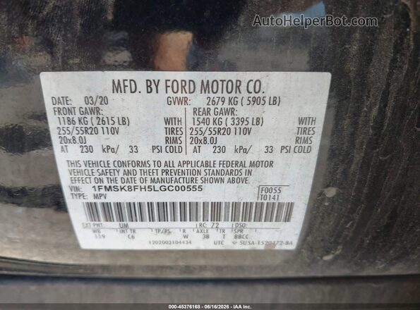 1FMSK8FH5LGC00555 2020 FORD EXPLORER Black ძრავის განყოფილების ხედი