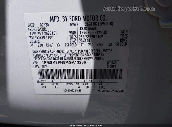 1FMSK8FH5MGA13236 2021 FORD EXPLORER White Вид підкапотного простору