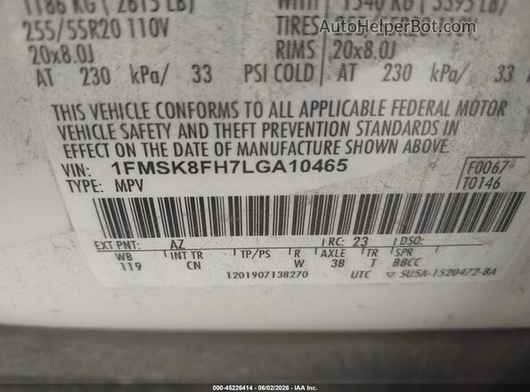 1FMSK8FH7LGA10465 2020 FORD EXPLORER Белый 