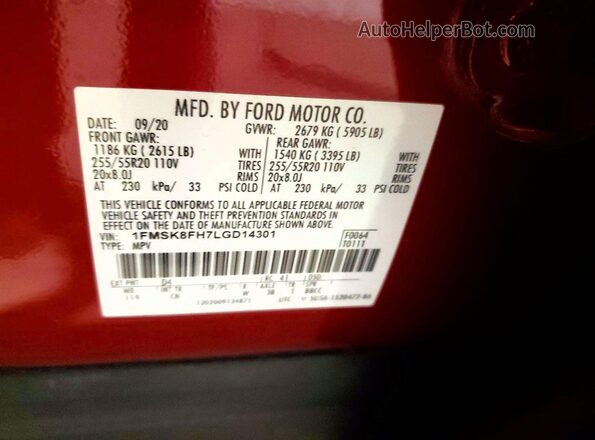 1FMSK8FH7LGD14301 2020 FORD EXPLORER Burgundy Widok naklejki z numerem VIN