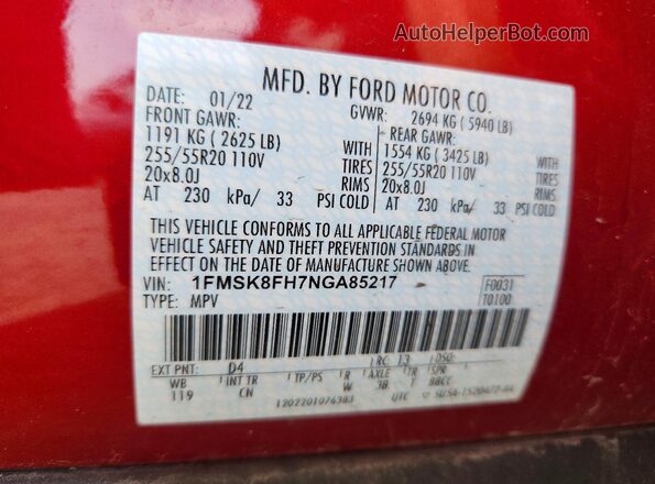 1FMSK8FH7NGA85217 2022 FORD EXPLORER Red Vista de la etiqueta del VIN