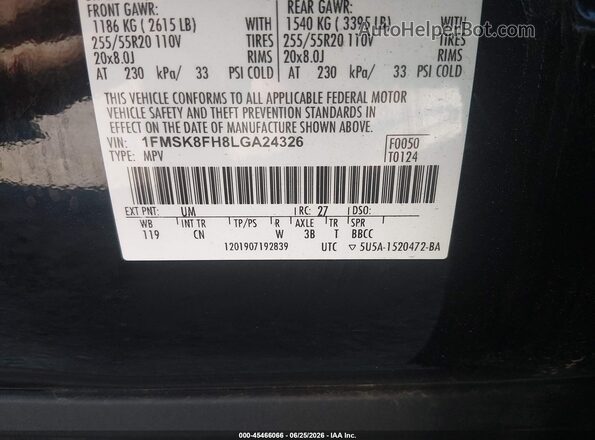 1FMSK8FH8LGA24326 2020 FORD EXPLORER Black Vista del compartimento del motor