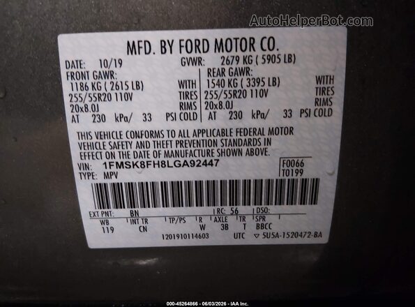 1FMSK8FH8LGA92447 2020 FORD EXPLORER Gray ძრავის განყოფილების ხედი