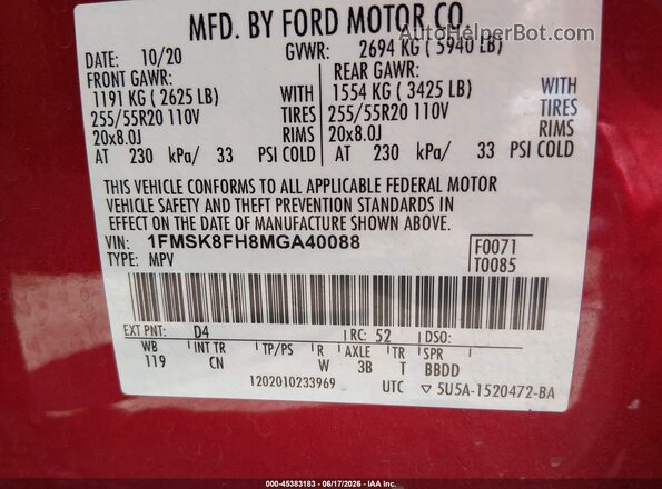1FMSK8FH8MGA40088 2021 FORD EXPLORER Red Vista del compartimento del motor